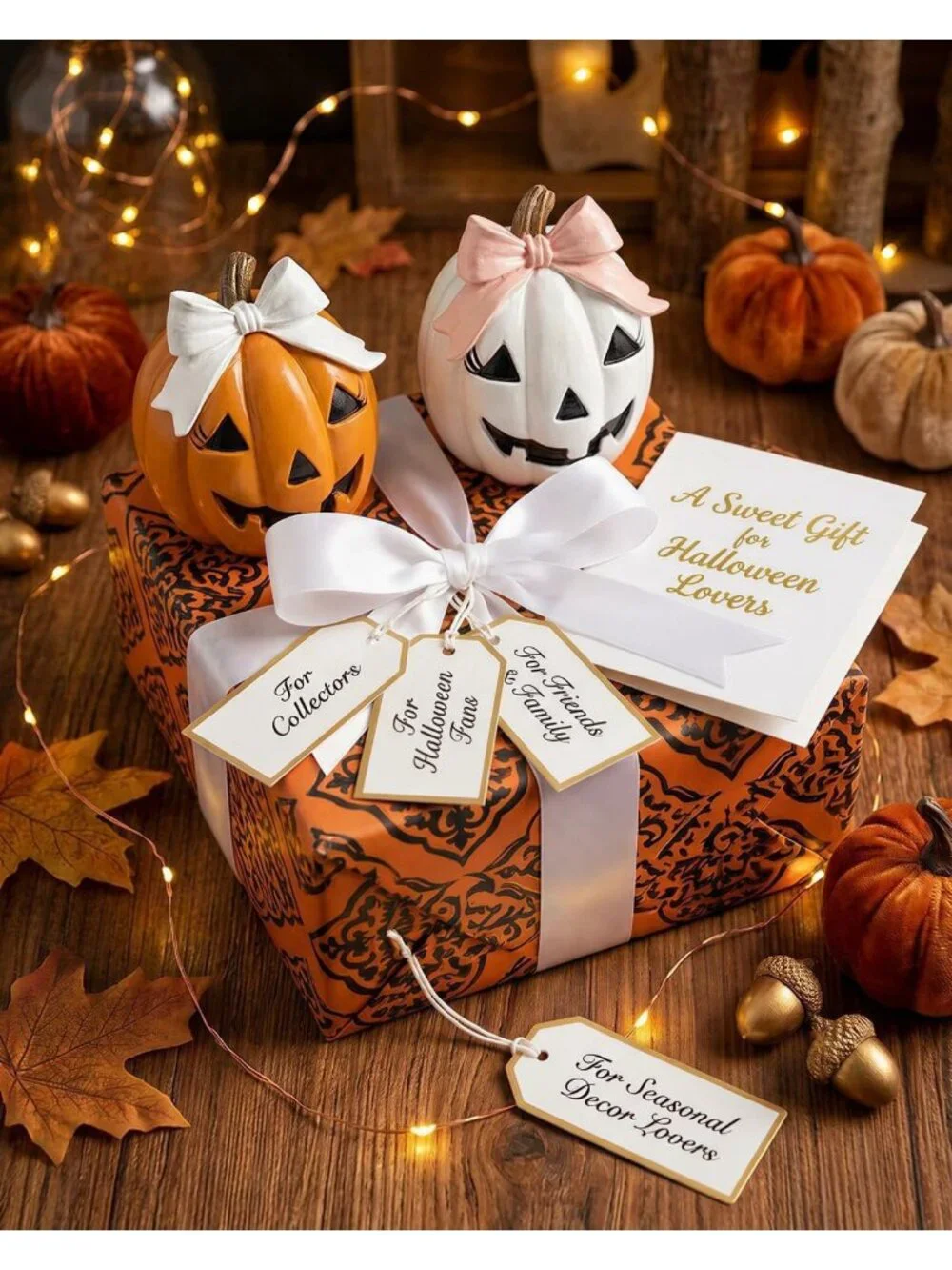 Bowknot Pumpkin Orange White Set 2 Figurines Hand Painted Resin Halloween Décor